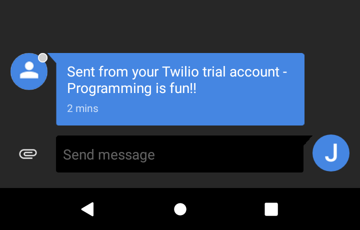 SMS message received from the Twilio trial account